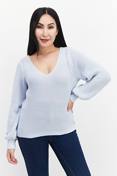 Gentle Fawn Women V-Neck Knitted Sweater, Sky Blue