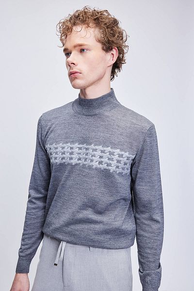 Hatemoğlu Gray Regular Fit Jacquard Half Turtleneck Wool Knitwear Sweater