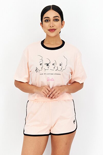 Barbie Women 2 Pieces Graphic Print Top And Short Set, Peach