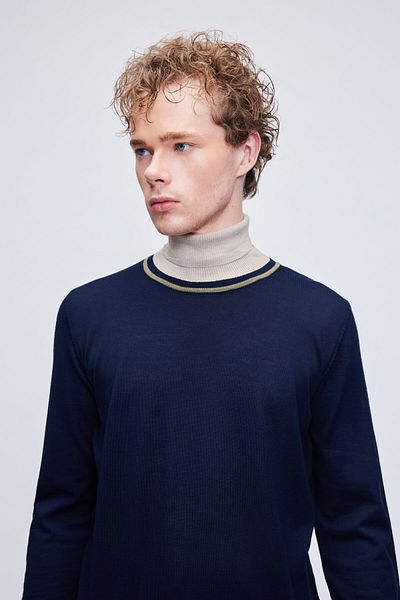 Hatemoğlu Navy Blue Regular Fit Striped Turtleneck Wool Knitwear Sweater