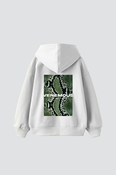 Bak Moda Snake Venemous Printed Oversize Unisex Premium Λευκό κουκούλα