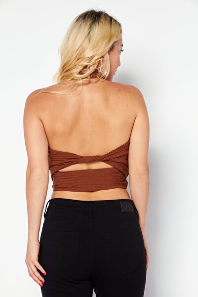 Endless Blu Women Halter Neck Sleeveless Textured Crop Top, Brown