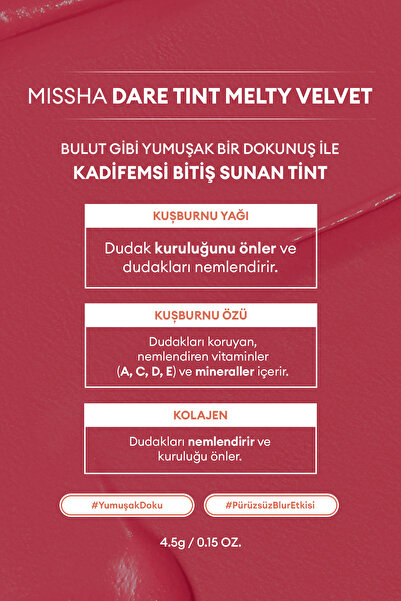 Missha Uzun Süre Kalıcı, Bulaşma Yapmayan, Kadifemsi Bitiş Sunan Tint Dare Tint Melty Velvet (Rosy Lofi)