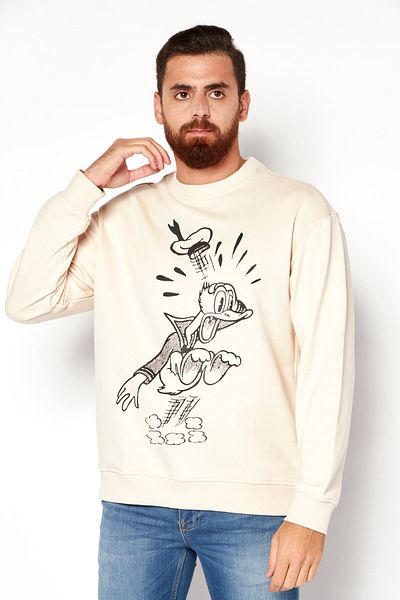 Disney Men Crew Neck Long Sleeve Graphic Print Sweatshirt, Cream