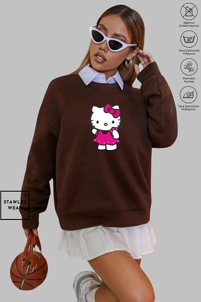 stawles wear Унисекс суитшърт с дълъг ръкав, щампа Hello Kitty и кръгло деколте, стандартна кройка, без качулка и повдигнати елементи