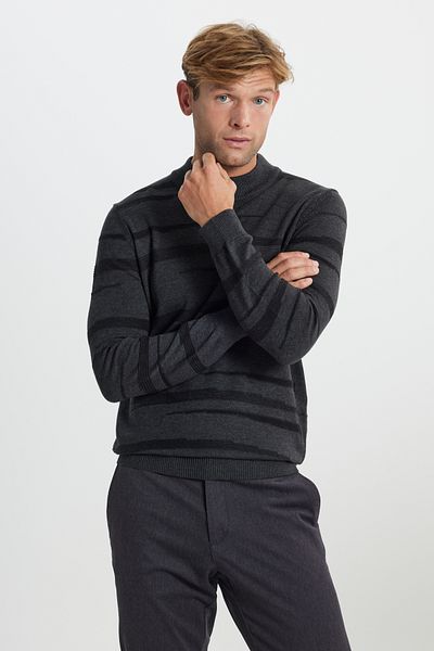 ALTINYILDIZ CLASSICS Men's Anthracite-Melange 100% Cotton Standard Fit Regular Cut Half Turtleneck Knitwear Sweater