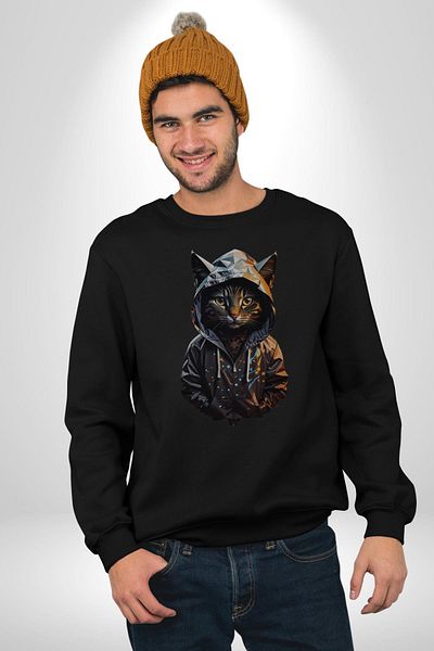 Angemiel Hip Hop Youth - Cat Patterned Black Printed Men's and Women's Sweatshirt