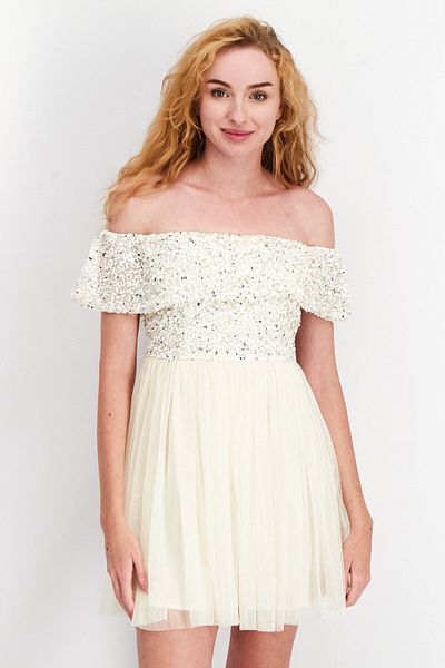 Maya Deluxe Women Petite Sequin Detail Mini Dress, Off White