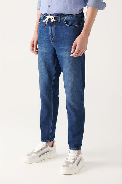 Avva Blaue Herren-Jeanshose aus 100 % Baumwolle mit Schnürung und elastischem Bund, A31y3519