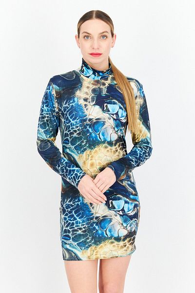 I Saw It First Women High Neck Allover Print Bodycon, Navy Combo
