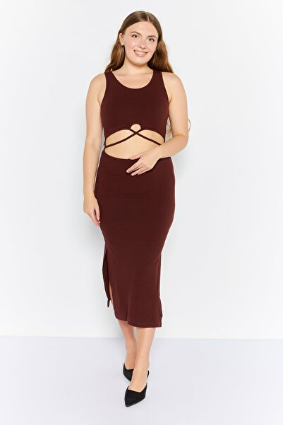 Endless Blu Women Ribbed Bodycon  Dress, Brown