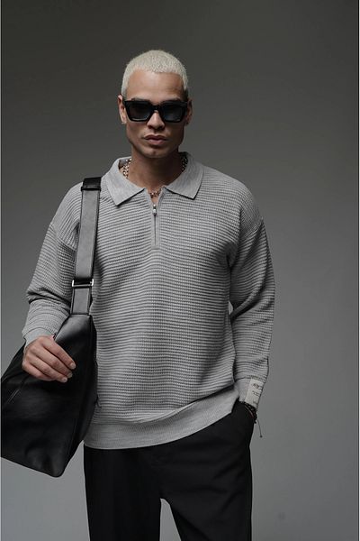 Butik Trend Biz Half-Neck Zip-Up Oversize Fit Jacquard Knitwear Sweater