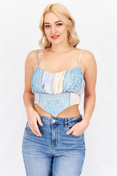Bailey Rose Women Square Sleeveless Paisley Pattern Crop Top, Purple