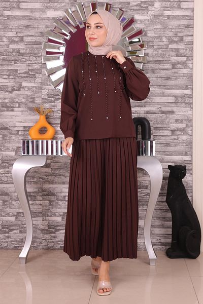 Modamihram Pearl and Stone Detailed Suit Brown 19135