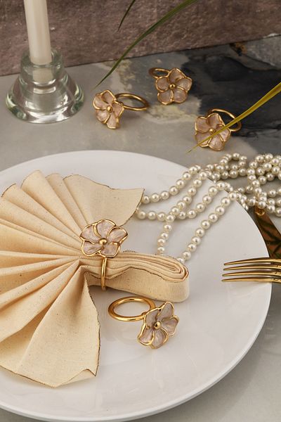 TR Turan Collection Gold Luxury Floral Print 6-Piece Napkin Ring - Beige Mother of Pearl Enamel Ring