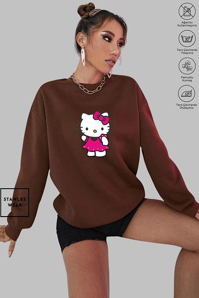 stawles wear Унисекс суитшърт с дълъг ръкав, щампа Hello Kitty и кръгло деколте, стандартна кройка, без качулка и повдигнати елементи
