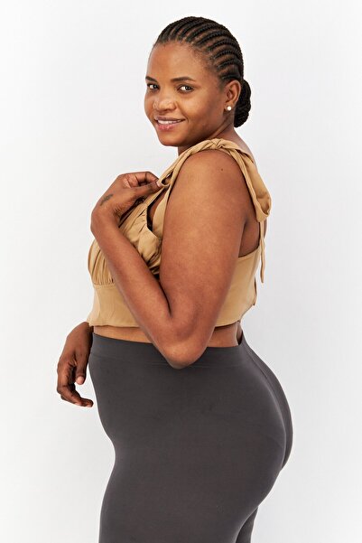 Flounce London Women Plus Size Sweetheart Neckline Sleeveless Crop Top, Tan