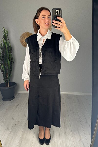lady special Μαύρο γυναικείο γιλέκο και φούστα Nubuck