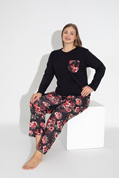 ModaLeaf Black Color Long Sleeve Floral Print Pajamas Set 115