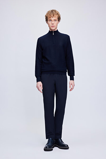 Hatemoğlu Navy Blue Regular Fit Jacquard Half Turtleneck Zip Wool Knitwear Sweater