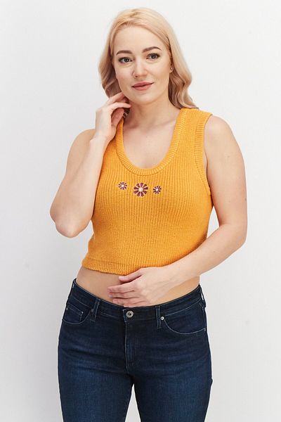Daisy Street Women Round Neck Sleeveless Embroidered Crop Top, Orange