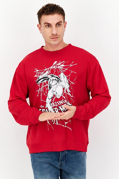 Marvel Men Crew Neck Long Sleeve Graphic Print Sweatshirt, Red