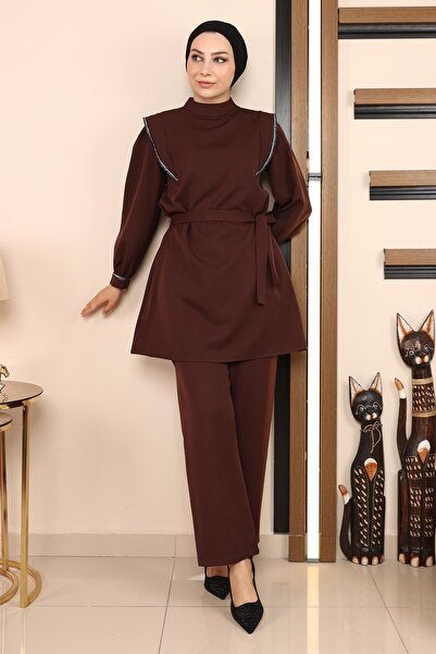 Modamihram Streifendetaillierter Anzug Braun 19132