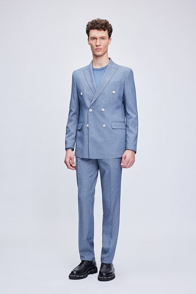 Hatemoğlu Blue Slim Fit Striped Double Breasted Classic Suit
