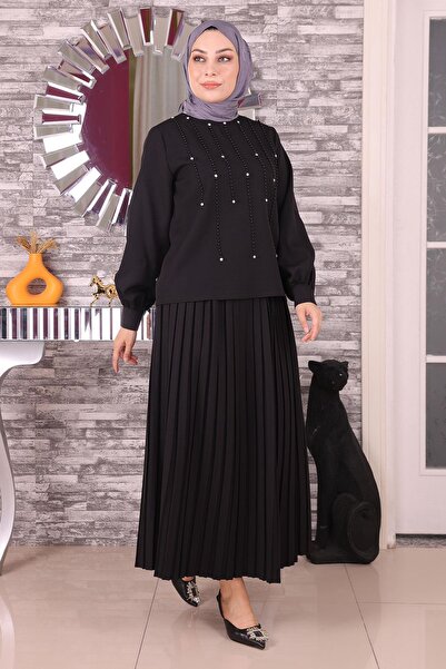Modamihram بدلة مفصلة باللؤلؤ والحجر باللون الأسود 19135