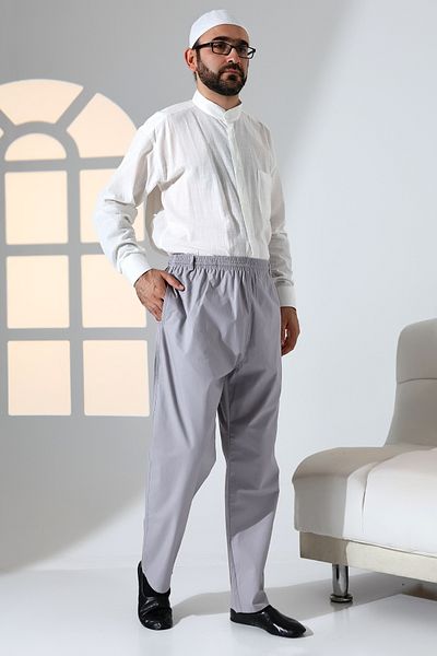 ihvanonline Ανδρικό λινό φαρδύ παντελόνι Casual Cut με ελαστική μέση και τσέπες Hajj & Umrah - Γκρι (KRK)