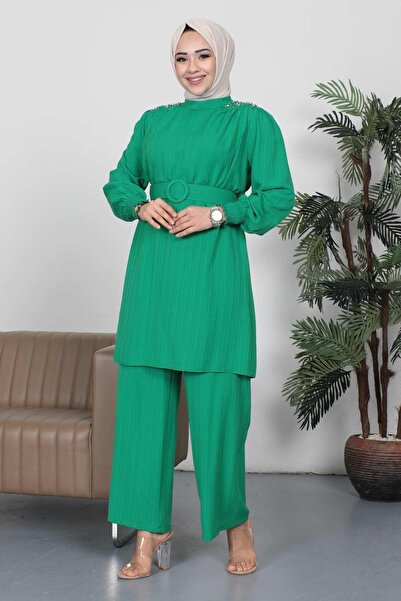 Modamihram Stone Detailed Belt Suit Green 19112