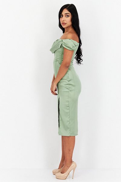 First Distraction The Label Women Satin Off Shoulder Midi Dress, Olive