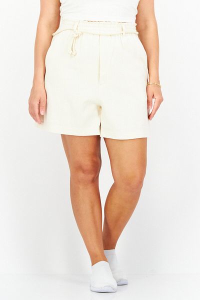 Gentle Fawn Women Solid Paperbag Waist Basic Shorts, Cream
