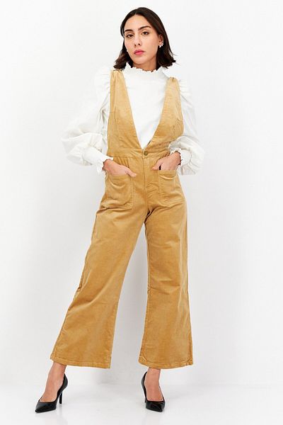 Sage The Label Women Textured Suspender Corduroy Pants, Tan