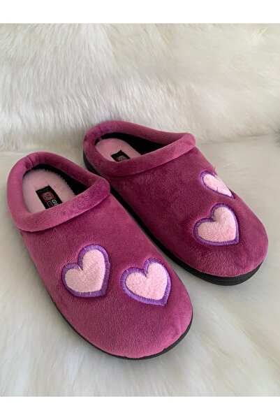 GEZER Mor Pembe KALP Desenli Kadın Kışlık Rahat Taban Ev Misafir Terliği