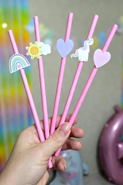 PEKSHOP Gökkuşağı Unicorn Tema Pipet Süsleri 10lu Unicorn Konsept Lüks Pipet ...