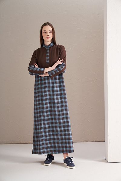 Mevra Brown Color Block Dress - Small Checkered Design