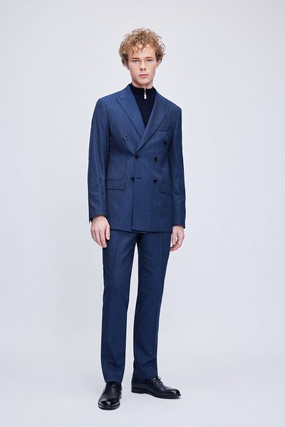 Hatemoğlu Navy Blue Slim Fit Striped Double Breasted Suit