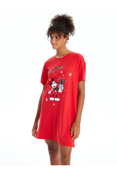 LC Waikiki Kırmızı Bisiklet Yaka Mickey Mouse Baskılı Kadın Gecelik