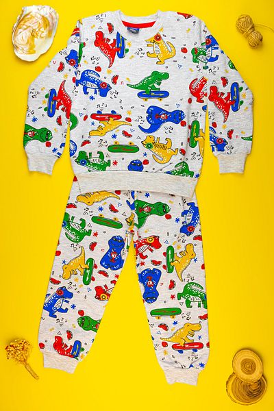 Yalçınoğlu Boy's Sweat Set - Thick Character Pattern and Dinosaur Detail