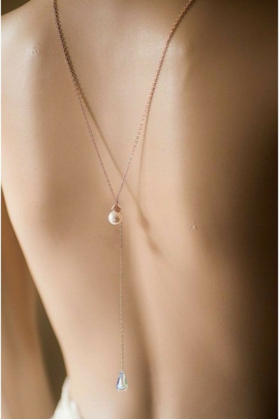 TakıConcept Altın Kaplama İnci Ve Kristal Detaylı Sırt Kolyesi, Vücut Zinciri...