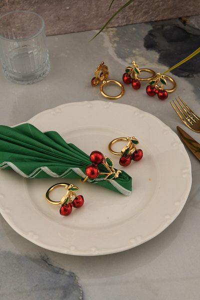 TR Turan Collection Cherry 6-Piece Gold Luxury Napkin Ring, Red Enameled Napkin Ring