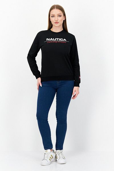 Nautica Women Crew Neck Long Sleeve Brand Logo Sweatshirt, Black
