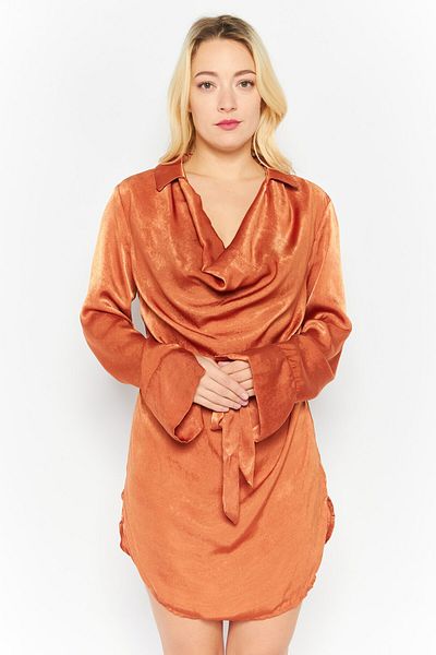 First Distraction The Label Women Solid Belted Satin Mini Dress, Rust