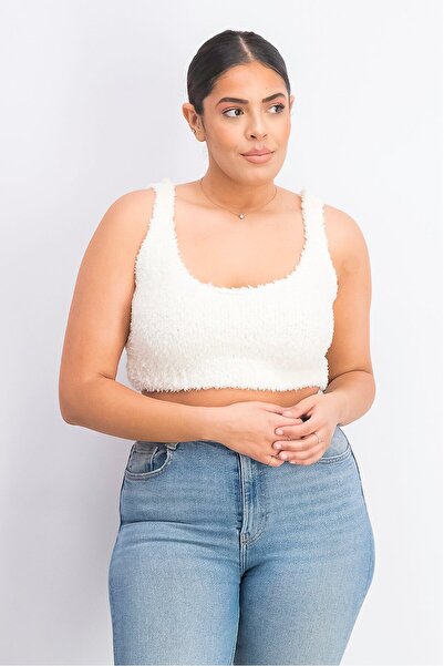 XOXO بلوزة قصيرة بدون أكمام ذات رقبة دائرية للنساء، باللون الأبيض الفاتح