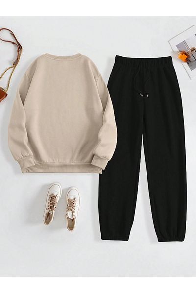 Revasser Unisex Women/Men's Relax Custom Printed Cotton Oversize Jogger Sweatshirt Bottom Top Set