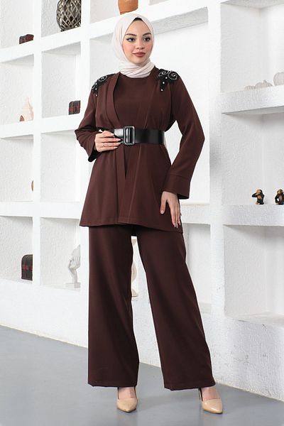 Modamihram Lace Detailed Jumpsuit Set Brown 19003
