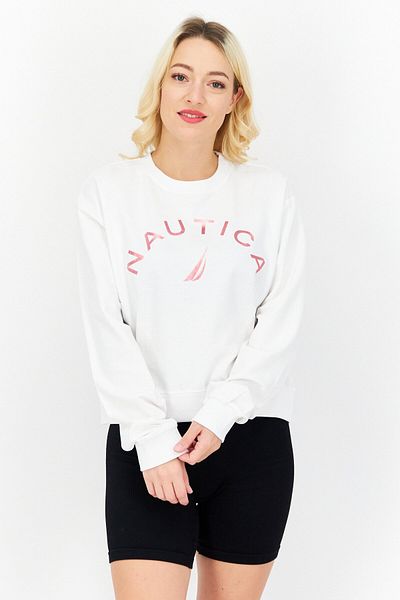 Nautica Women Round Neck Brand Logo Sweatshirt, White