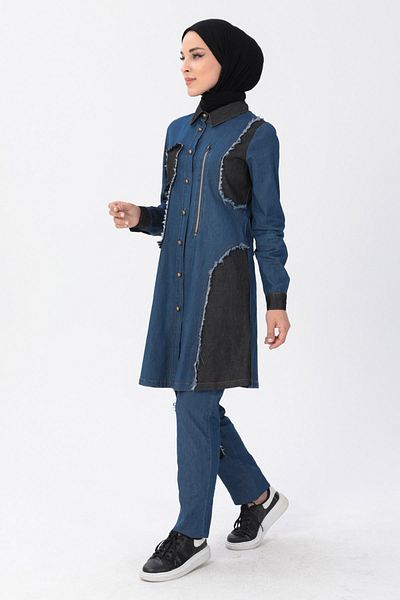 Modamihram Zipper Detailed Hijab Denim Combination Dark Denim 10074