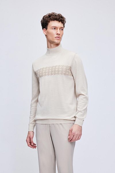 Hatemoğlu Beige Regular Fit Jacquard Half Turtleneck Wool Knitwear Sweater